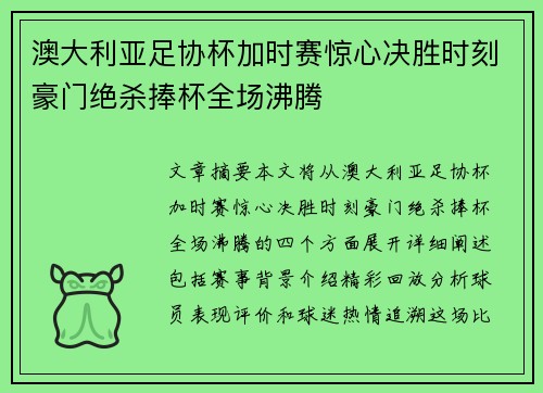 澳大利亚足协杯加时赛惊心决胜时刻豪门绝杀捧杯全场沸腾 澳大利亚足协杯加时赛惊心决胜时刻豪门绝杀捧杯全场沸腾